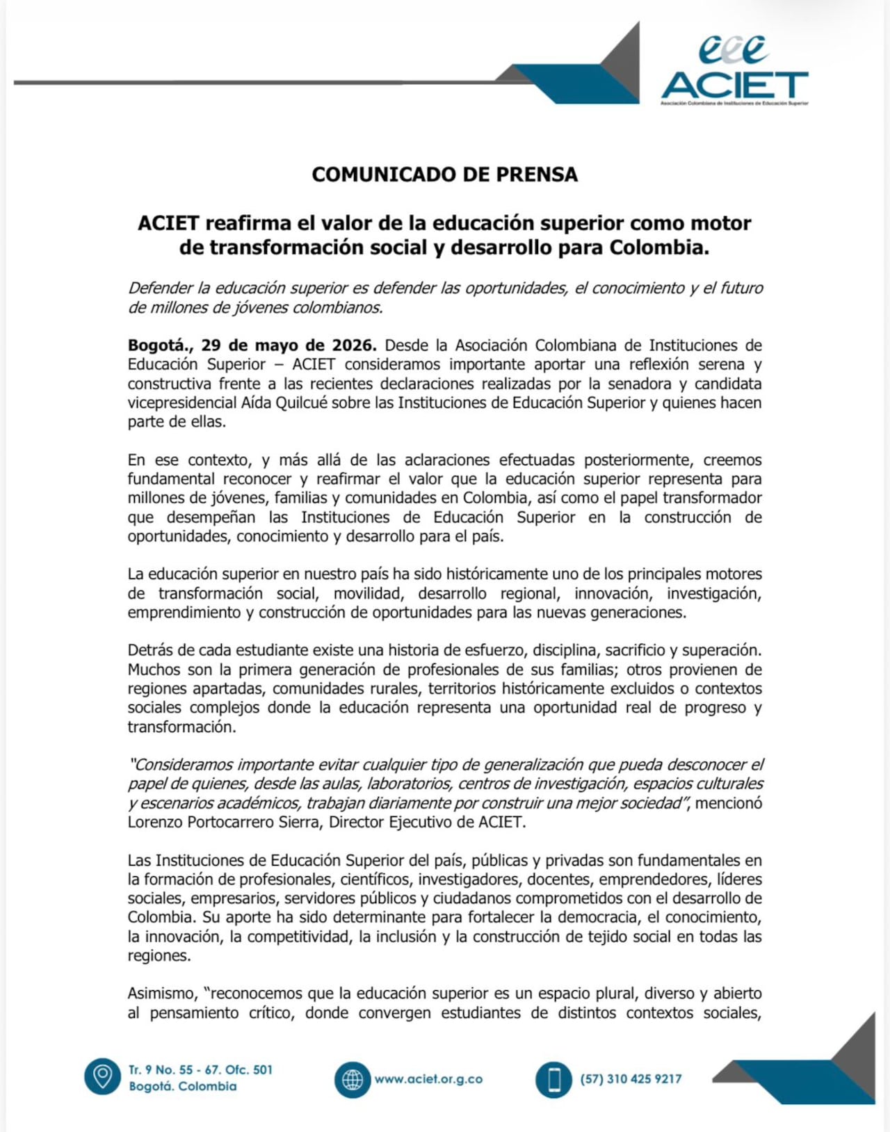 Esta es una parte del comunicado que rechaza las declaraciones de Aida Quilcué.
