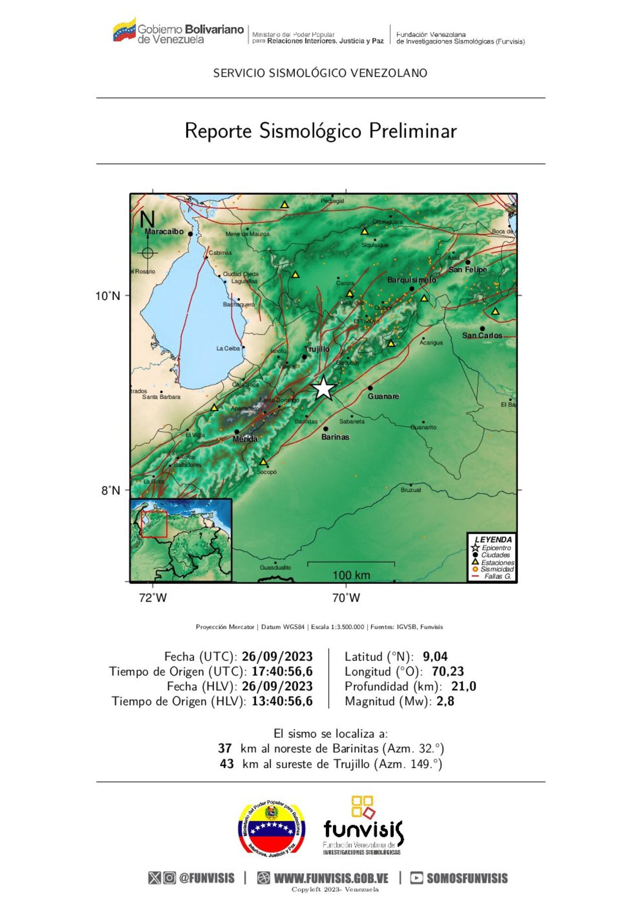 Reporte oficial de Funvisis sobre el movimiento de tierra.