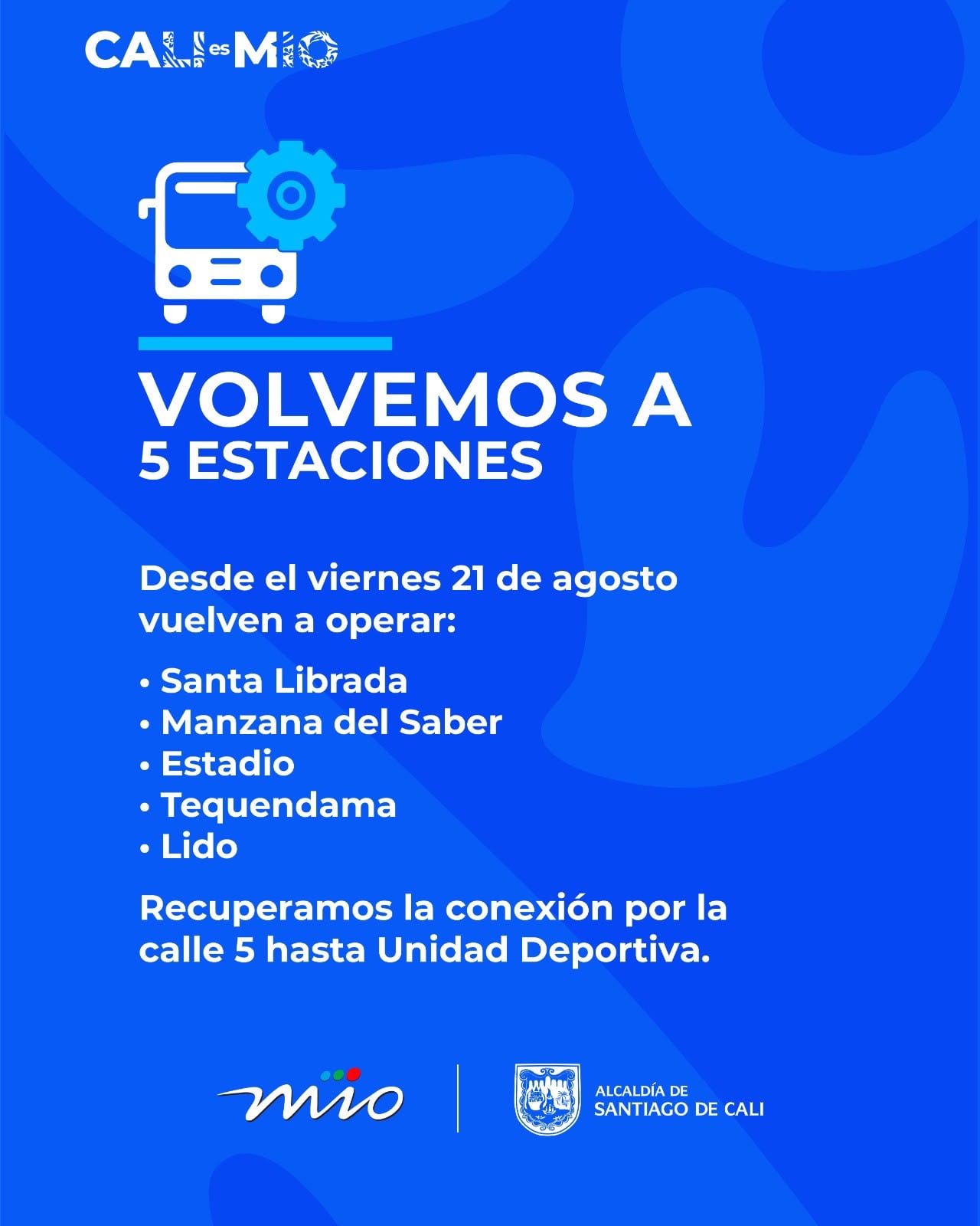 A partir del viernes 21 de agosto, desde las 5:00 a. m., la flota del MÍO volverá a circular por el corredor de la troncal de la Calle 5.