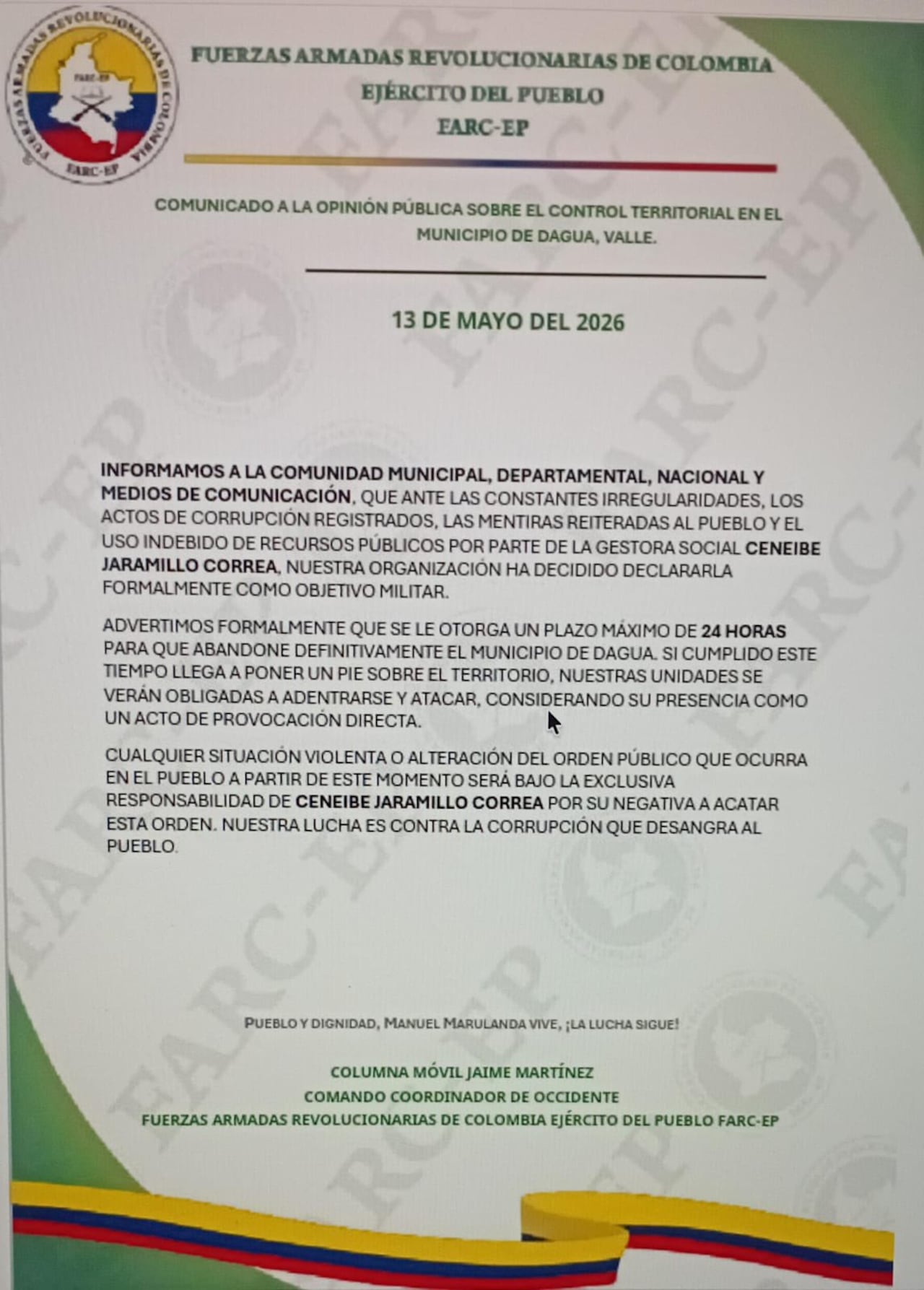 La circulación de un panfleto atribuido a las disidencias de las Farc encendió las alarmas en el municipio de Dagua.