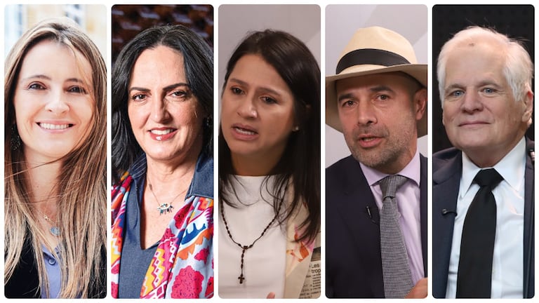 Los precandidatos del Centro Democrático Paloma Valencia, María Fernanda Cabal, Paola Holguín, Andrés Guerra y Miguel Uribe Londoño.