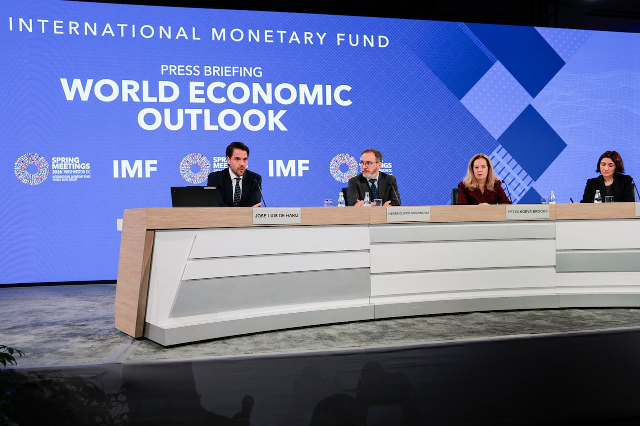 (L/R) Jose Luis De Haro, IMF Communications Officer, Pierre-Olivier Gourinchas, Director of IMF Research Department, Petya Koeva Brooks, Deputy Director of IMF Research Department, and Deniz Igan, Division Chief of IMF Research Department, partcipate in an economic outlook briefing during the 2026 IMF and World Bank Group Spring Meetings in Washington, DC, on April 14, 2026.