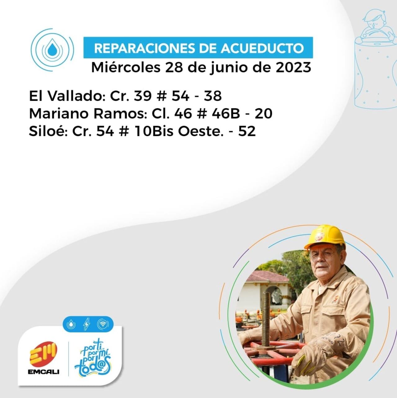 Cortes en el servicio de acueducto para el miércoles 28 de junio de 2023.
