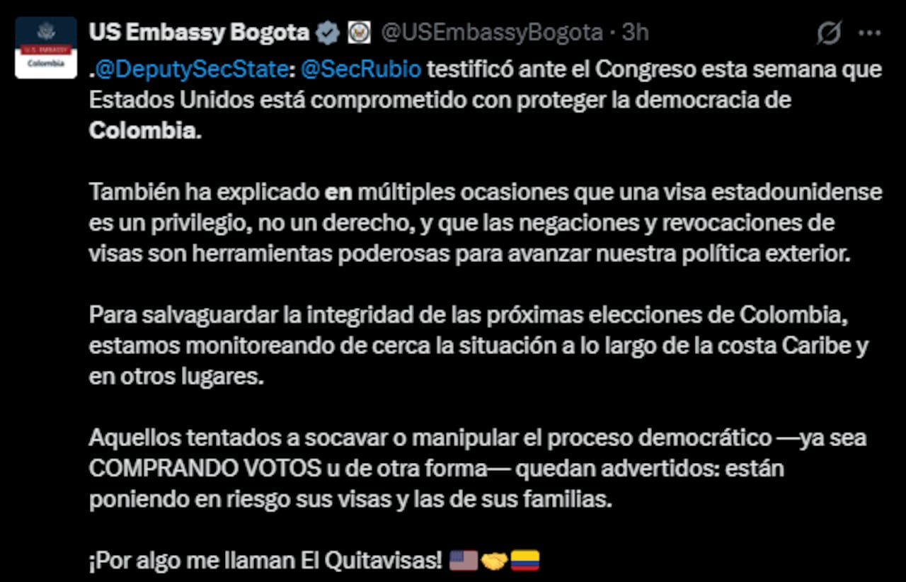 El mensaje enviado a través de la cuenta oficial de la embajada en Bogotá no deja espacio a dudas.