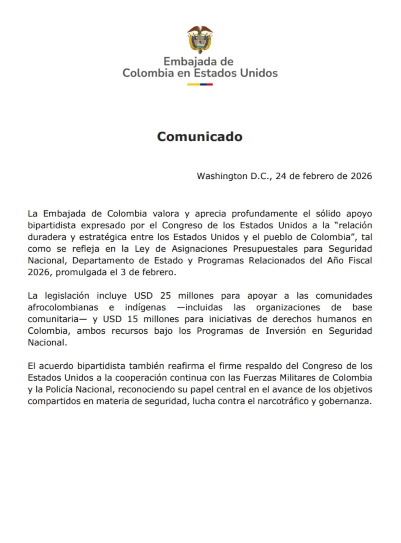comunicado oficial embajada de Colombia en Estados Unidos