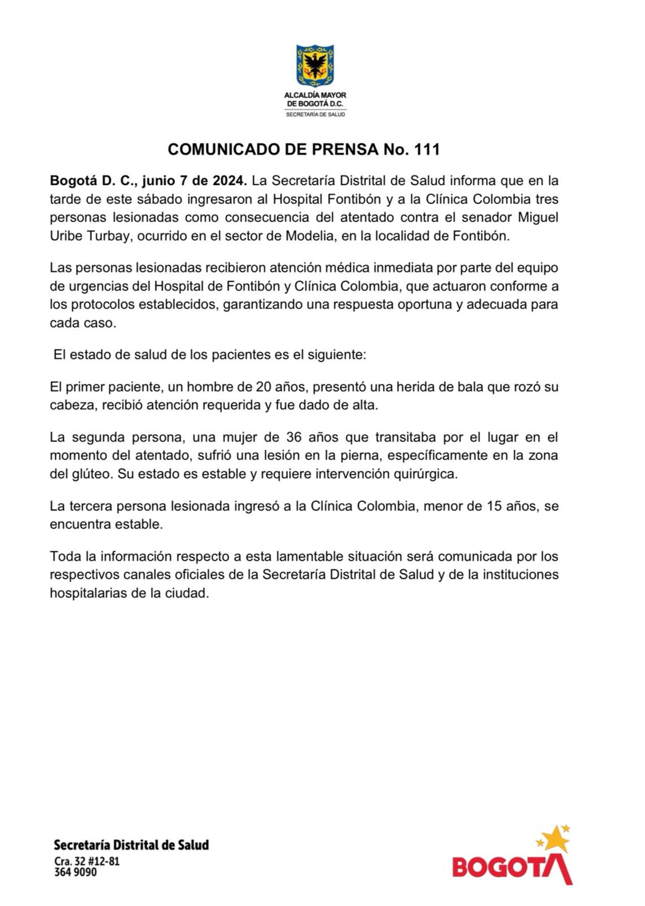 Este es el comunicado de la Secretaría de Salud de Bogotá.