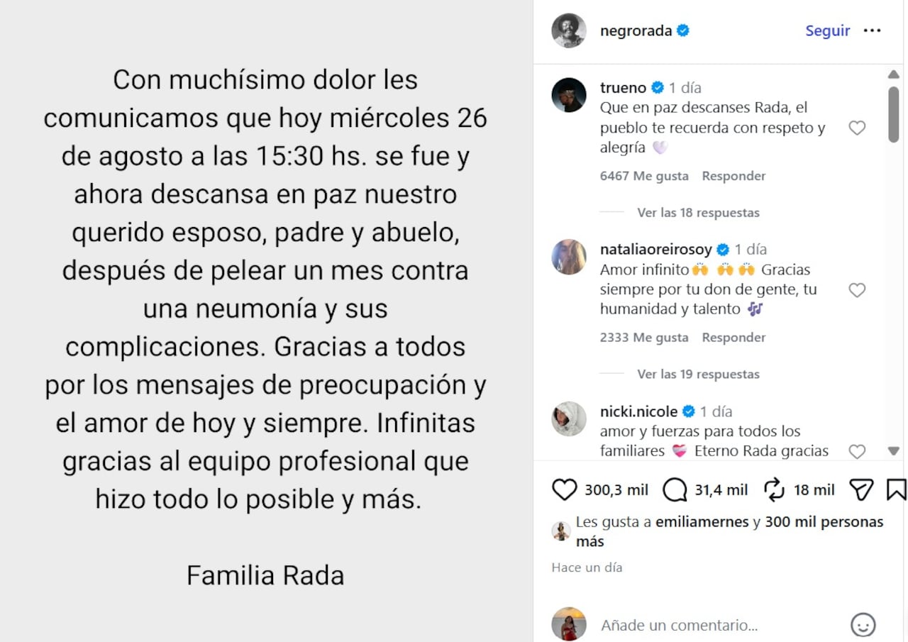 Comunicado de la muerte de Rubén Rada.