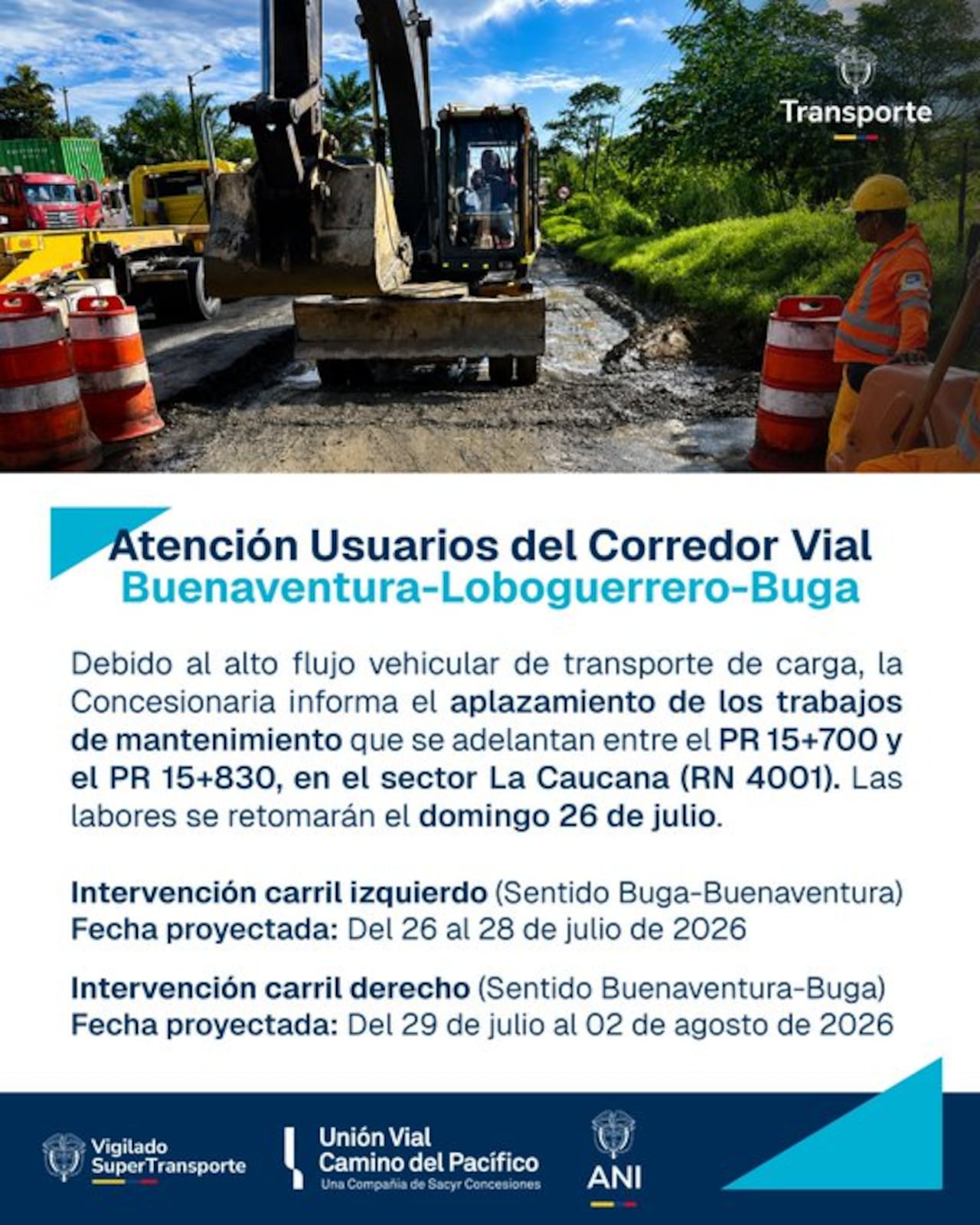 Alto tránsito de carga obliga a aplazar mantenimiento en el corredor Buenaventura