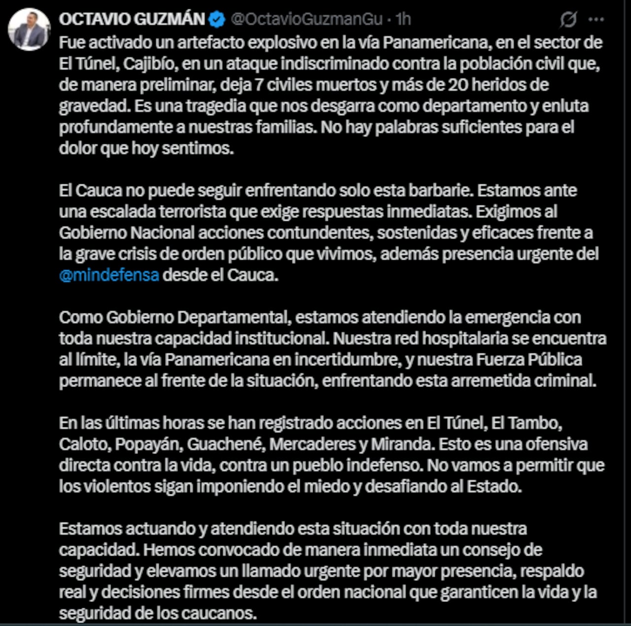 Uno de los pronunciamientos más contundentes fue el del gobernador del Cauca, Octavio Guzmán.