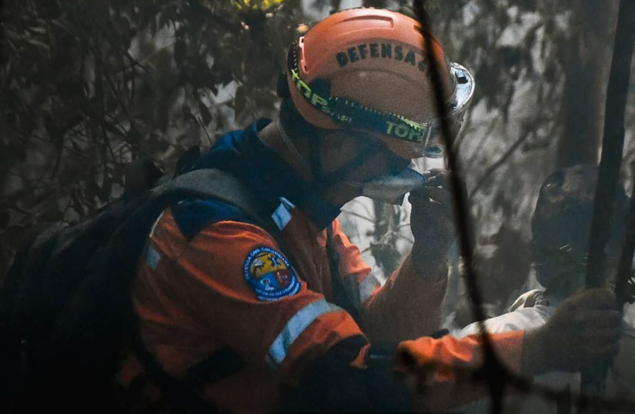 Bomberos y miembros de la Defensa Civil trabajando en uno de los puntos calientes del incendio forestal en la zona de La Troja.