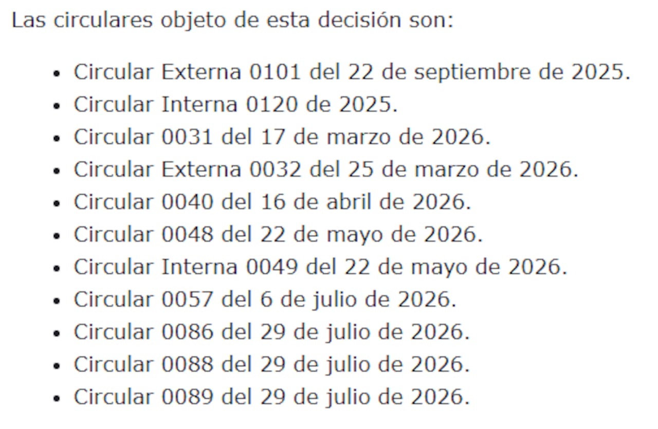 Estas son las circulares derogadas por el Gobierno Nacional.
