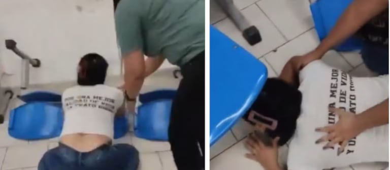 La mujer desesperada se tendió en el piso y tiró sillas en las instalaciones de la EPS Emssanar en Cali.