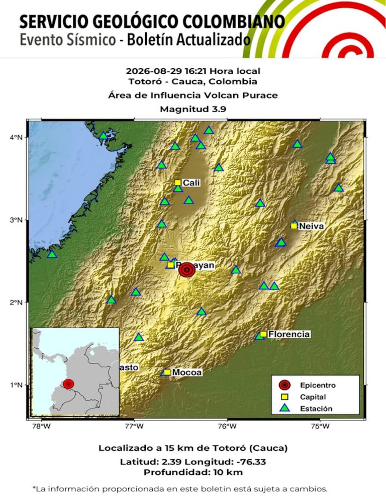 El temblor se registró a pocos kilómetros de Popayán.