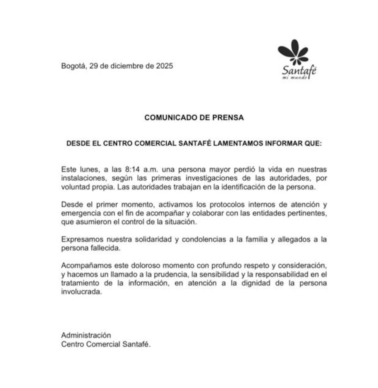 Este es el comunicado emitido por el centro comercial tras el grave hecho.