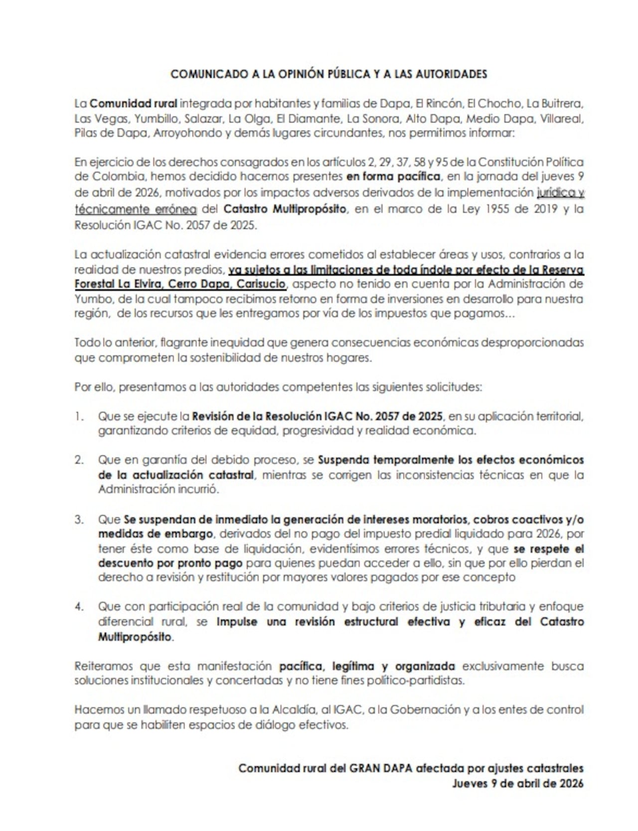 Comunidad de Dapa realiza manifestación por incremento de los nuevos avalúos catastrales.