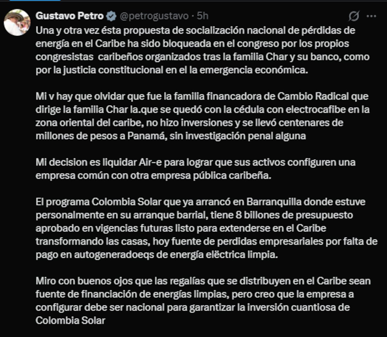 El presidente Gustavo Petro manifestó públicamente su firme intención de liquidar la empresa comercializadora Air-e.