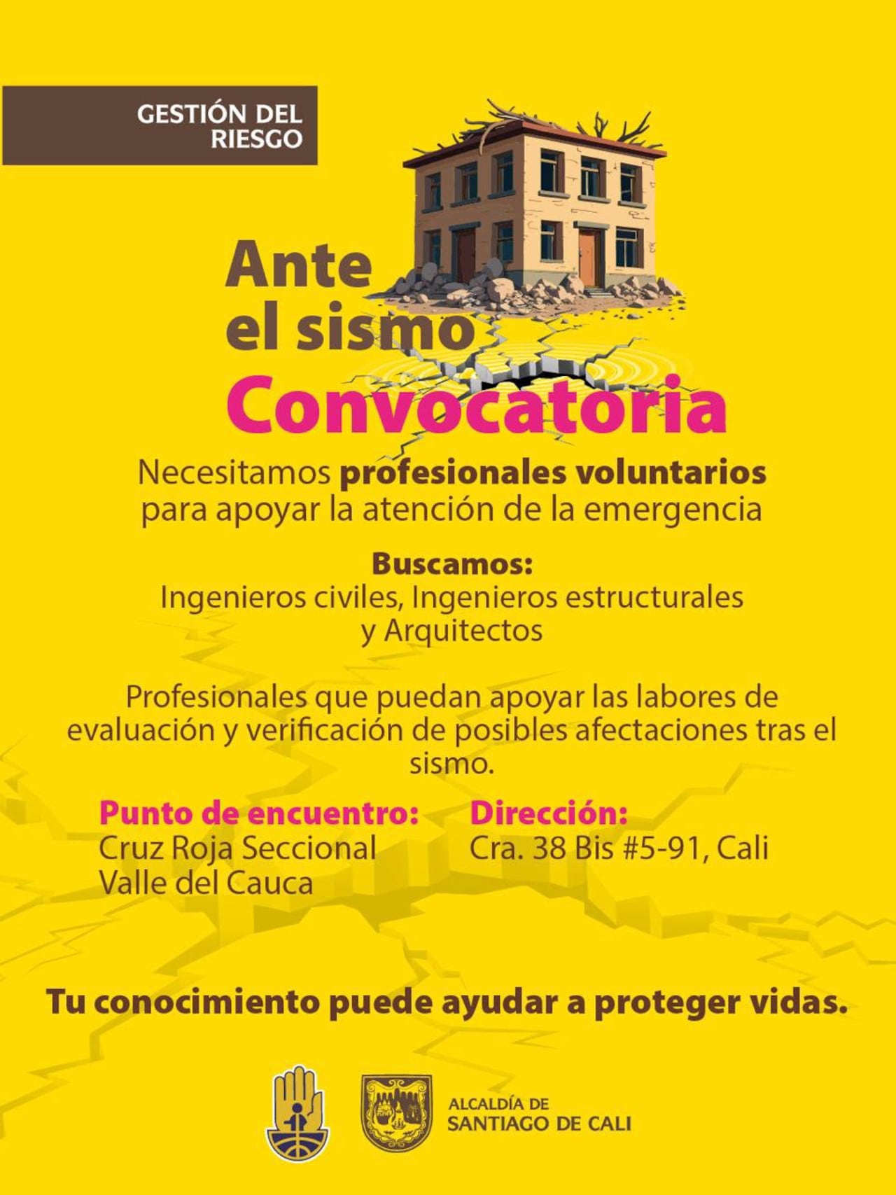Convocatoria para profesionales voluntarios para apoyar la emergencia.