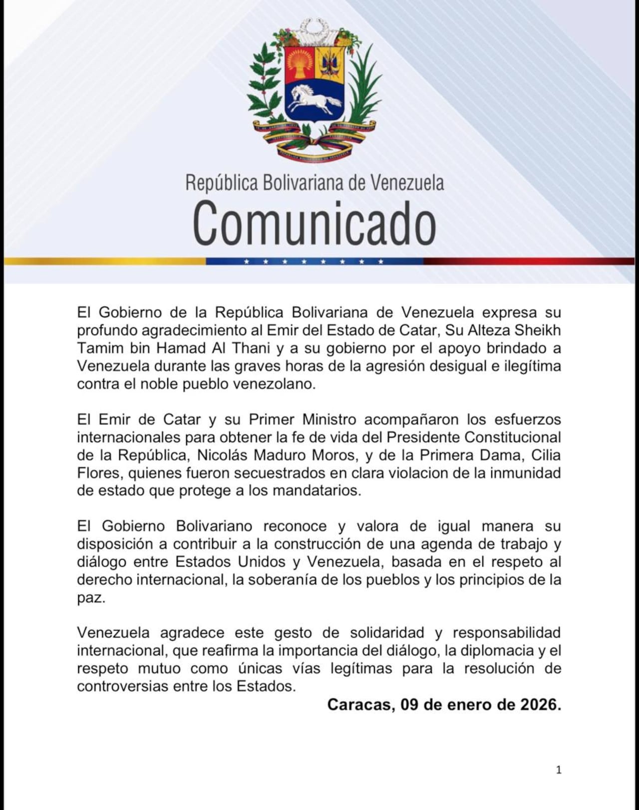 Venezuela revela que recibió apoyo internacional en medio del ataque de EEUU y agradece a Qatar.
