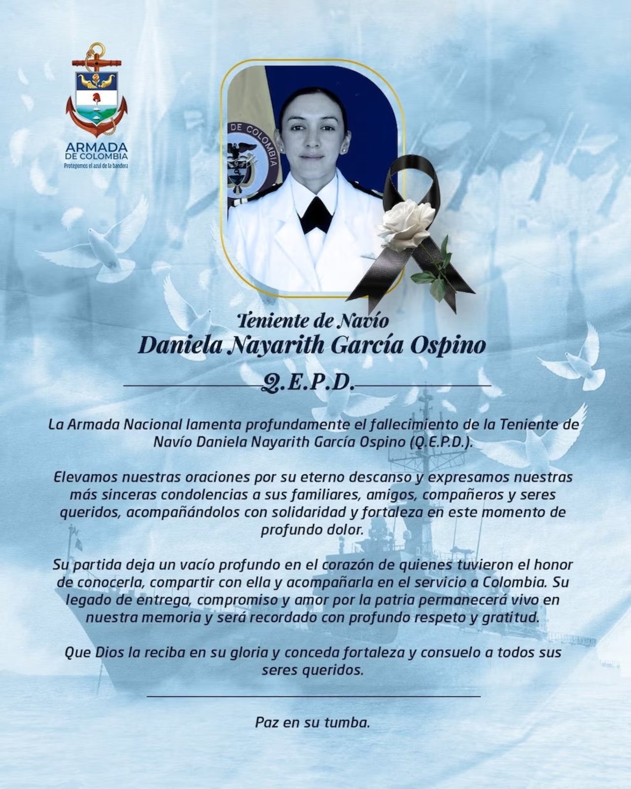 La teniente de navío Daniela Nayarith García Ospino comandaba el buque ARC Palas al momento de su fallecimiento en la base naval de Bahía Málaga.