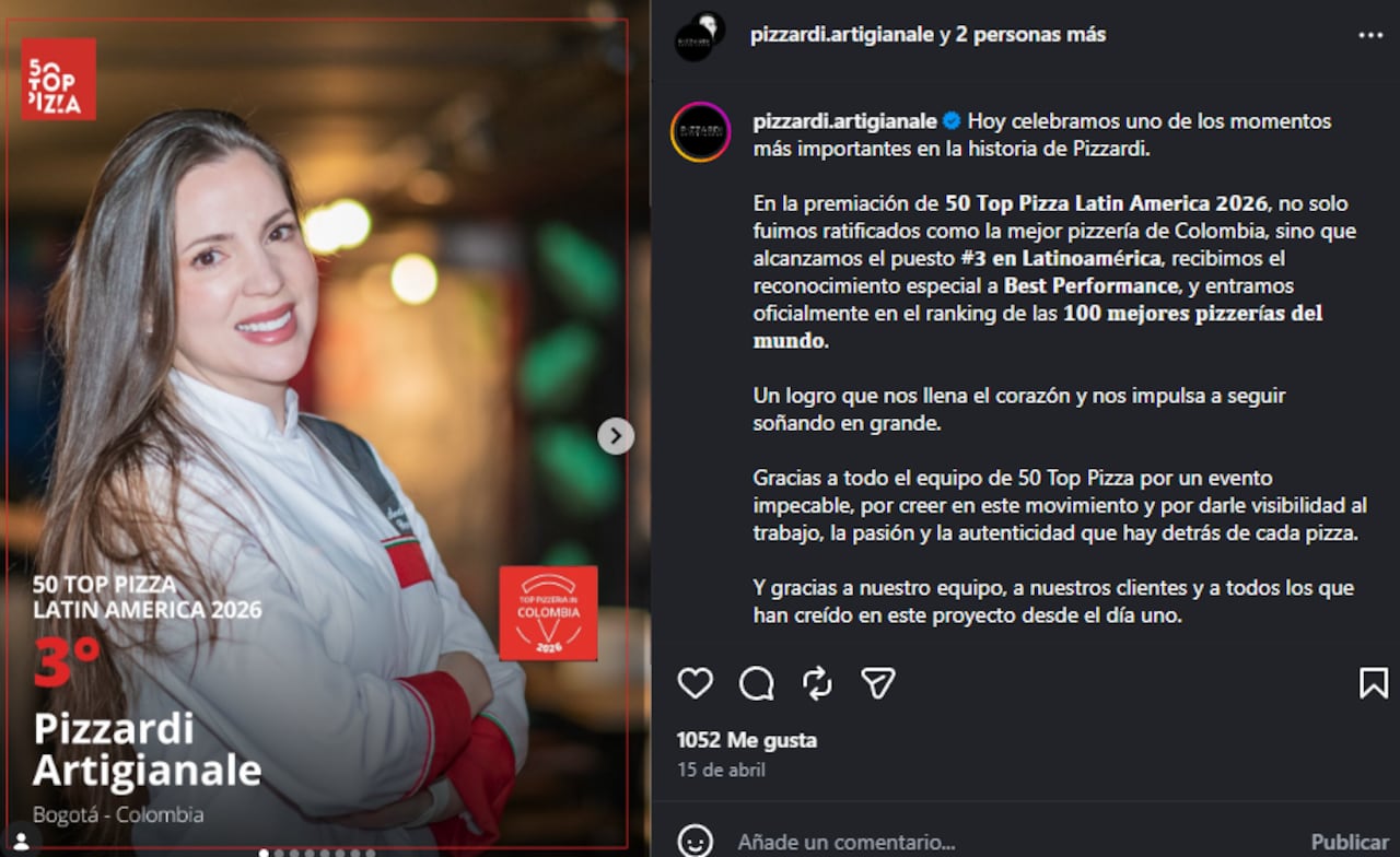 Publicación del establecimiento de pizzería, ganador del tercer lugar.