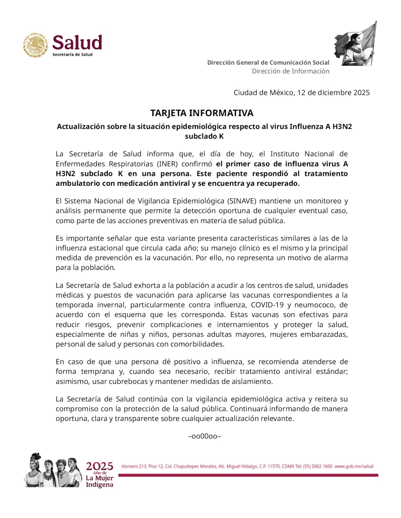 Las autoridades de salud de México confirmaron el primer caso de influenza H3N2.