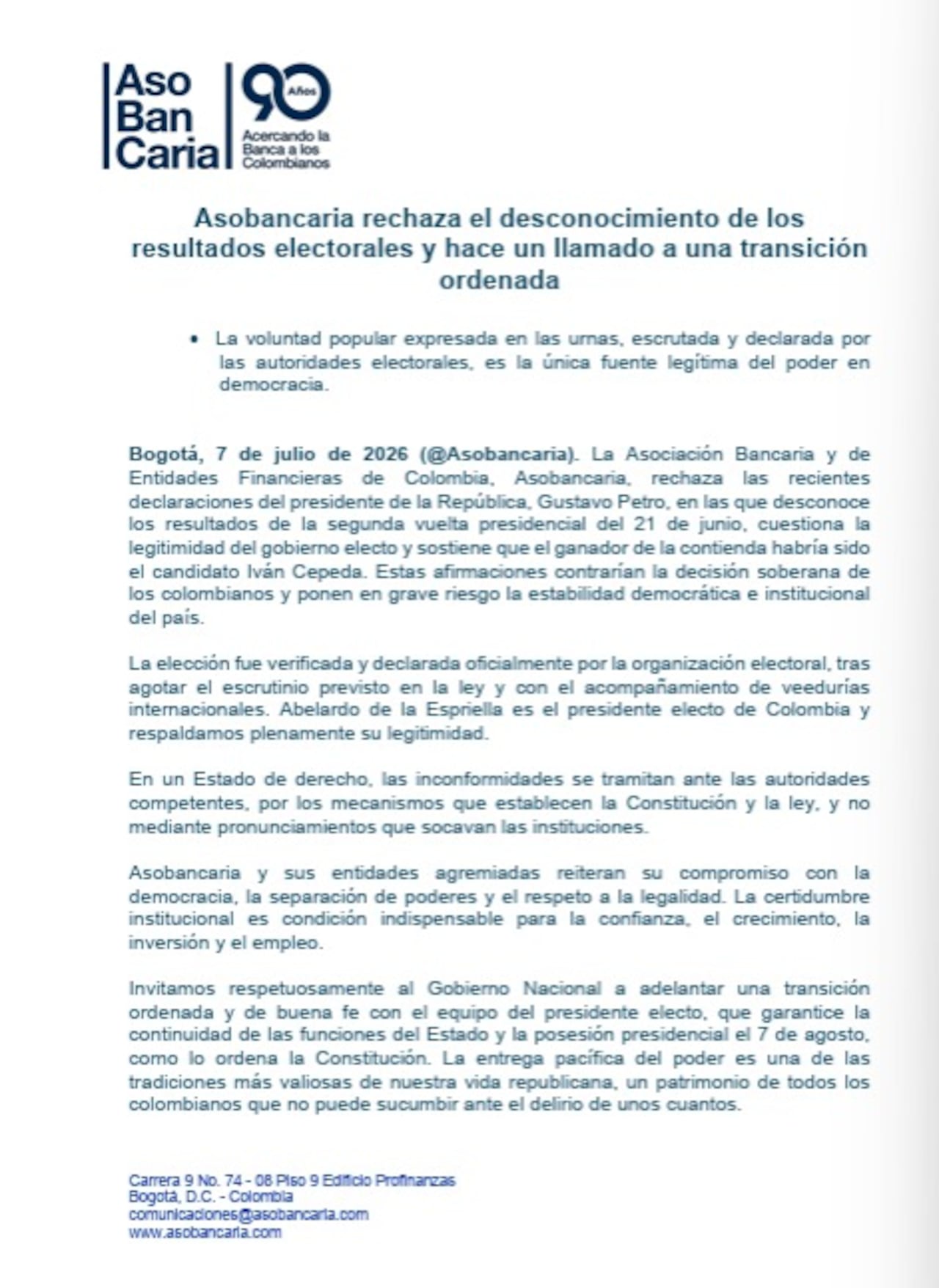 Asobancaria rechaza el desconocimiento de los resultados electorales y hace un llamado a una transición ordenada