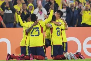 Los jugadores de la Selección Colombia Sub-20 festejan iun gol ante Paraguay en el hexagonal final del Suramericano Sub-20.