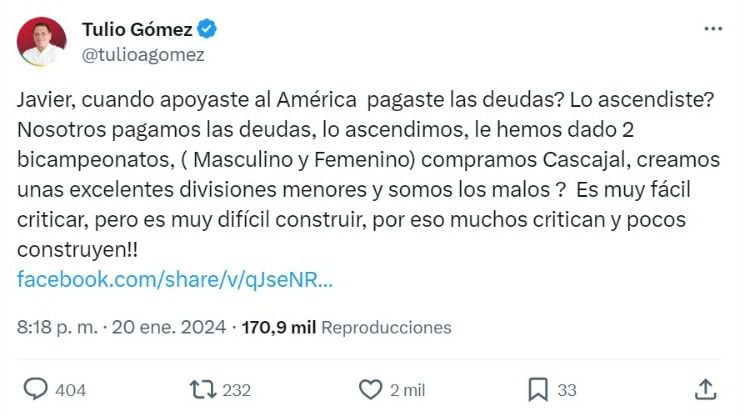 Respuesta de Tulio Gómez a Javier Fernández.