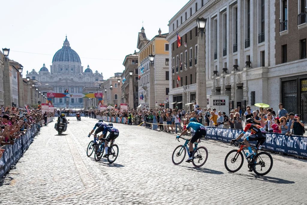 ROME, ITALY - 2023/05/28: General view of the peloton competing passing in front of St. Peter's Basilica in Rome during the 106th Giro d'Italia 2023. 106th Giro d'Italia 2023, Stage 21 a 126km stage from Rome to Rome / #UCIWT. (Photo by Stefano Costantino/SOPA Images/LightRocket via Getty Images)