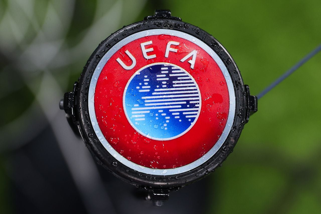 NEWCASTLE UPON TYNE, ENGLAND - DECEMBER 13: The UEFA 
logo is seen prior to the UEFA Champions League match between Newcastle United FC and AC Milan at St. James Park on December 13, 2023 in Newcastle upon Tyne, England. (Photo by James Gill - Danehouse/Getty Images)