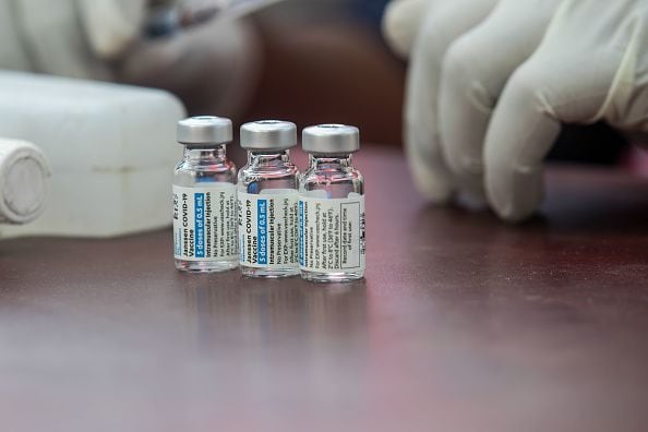 DHAKA, BANGLADESH - 2022/02/14: Vials containing Janssen COVID-19 Vaccine are seen during a vaccination campaign for transgender community and  Homeless people  in Central Shaheed Minar, Dhaka. (Photo by Sazzad Hossain/SOPA Images/LightRocket via Getty Images)