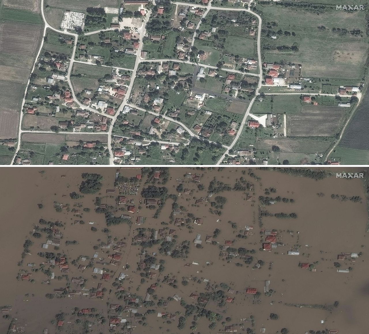 Una combinación de fotos satelitales: arriba se ve a la aldea de Koskinas en Grecia, el 16 de septiembre de 2022 y abajo la misma aldea, el 9 de septiembre de 2023 después de las inundaciones (Fotos satelitales ©2023 Maxar Technologies via AP)