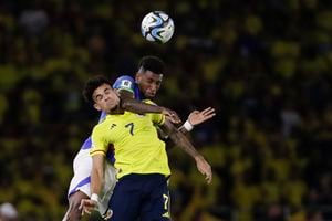 Colombia's Luis Diaz, front, and Brazil's Emerson go for a header during a qualifying soccer match for the FIFA World Cup 2026 at Roberto Melendez stadium in Barranquilla, Colombia, Thursday, Nov. 16, 2023. (AP Photo/Ivan Valencia)