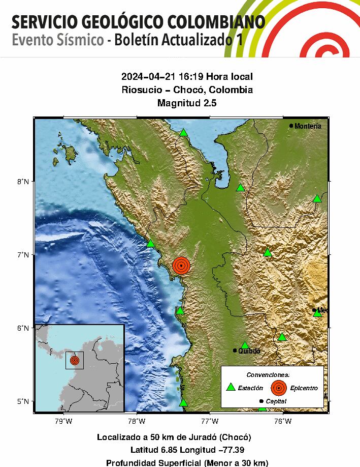 Boletín del temblor en Riosucio, Chocó. 21 de abril 2024.