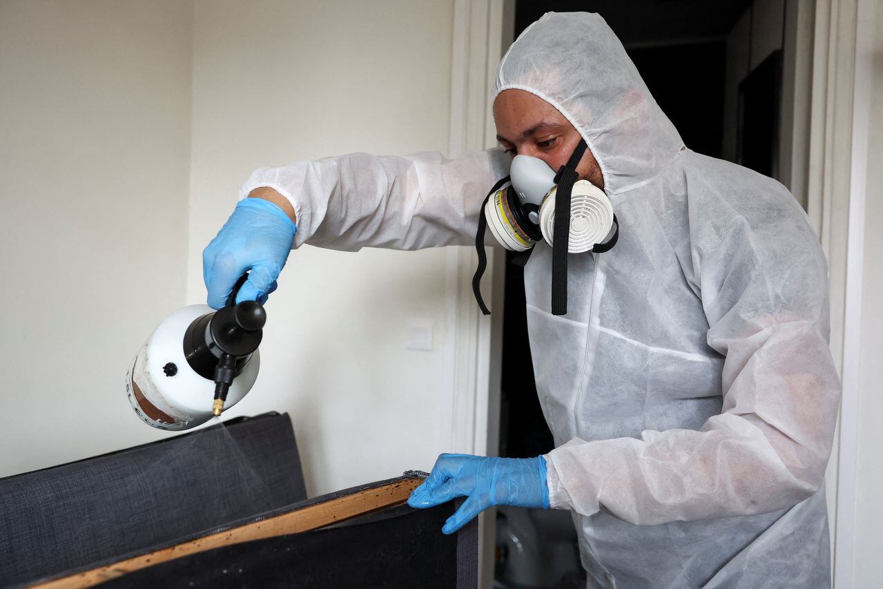 Salim Dahou, técnico en biocidas de la empresa Hygiene Premium, rocía insecticida contra las chinches en un sofá cama en L'Hay-les-Roses, cerca de París, Francia, el 29 de septiembre de 2023.