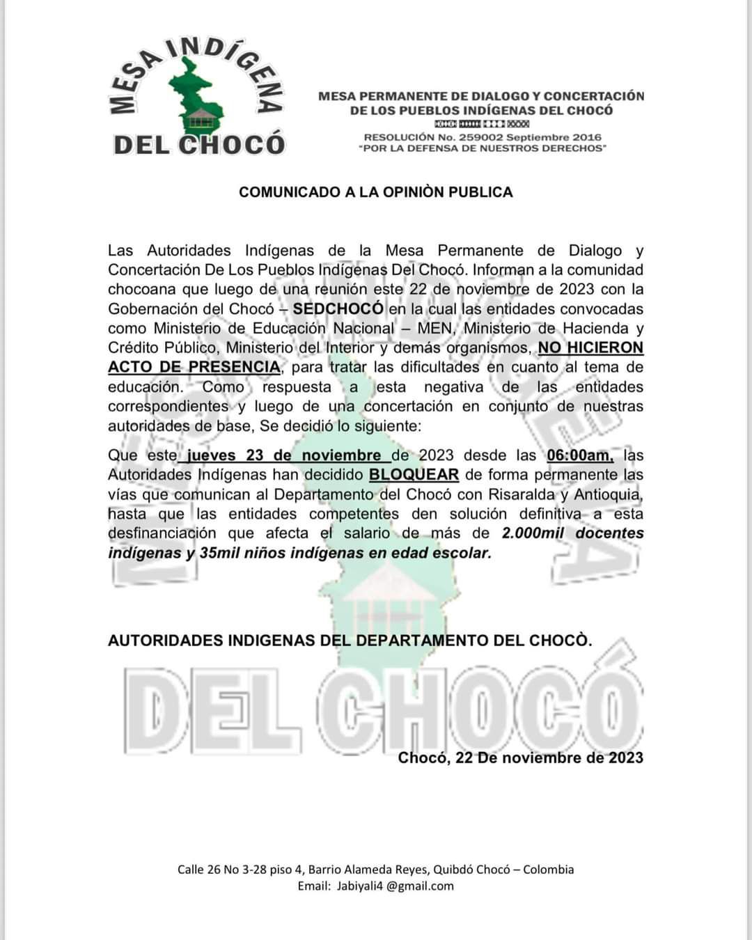 Comunicado autoridades indígenas del Chocó sobre bloqueos este 23 de noviembre.