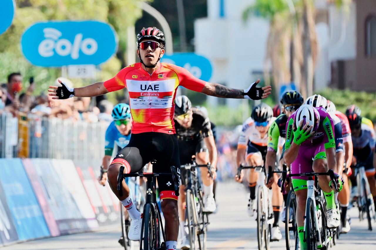 Colombia's Juan Sebastian Molano celebrates winning the second stage of the Giro di Sicilia, Tour of Sicily cycling race, from Selinunte to Mondello, Italy, Wednesday, Sept. 29, 2021. (Massimo Paolone/LaPresse via AP)