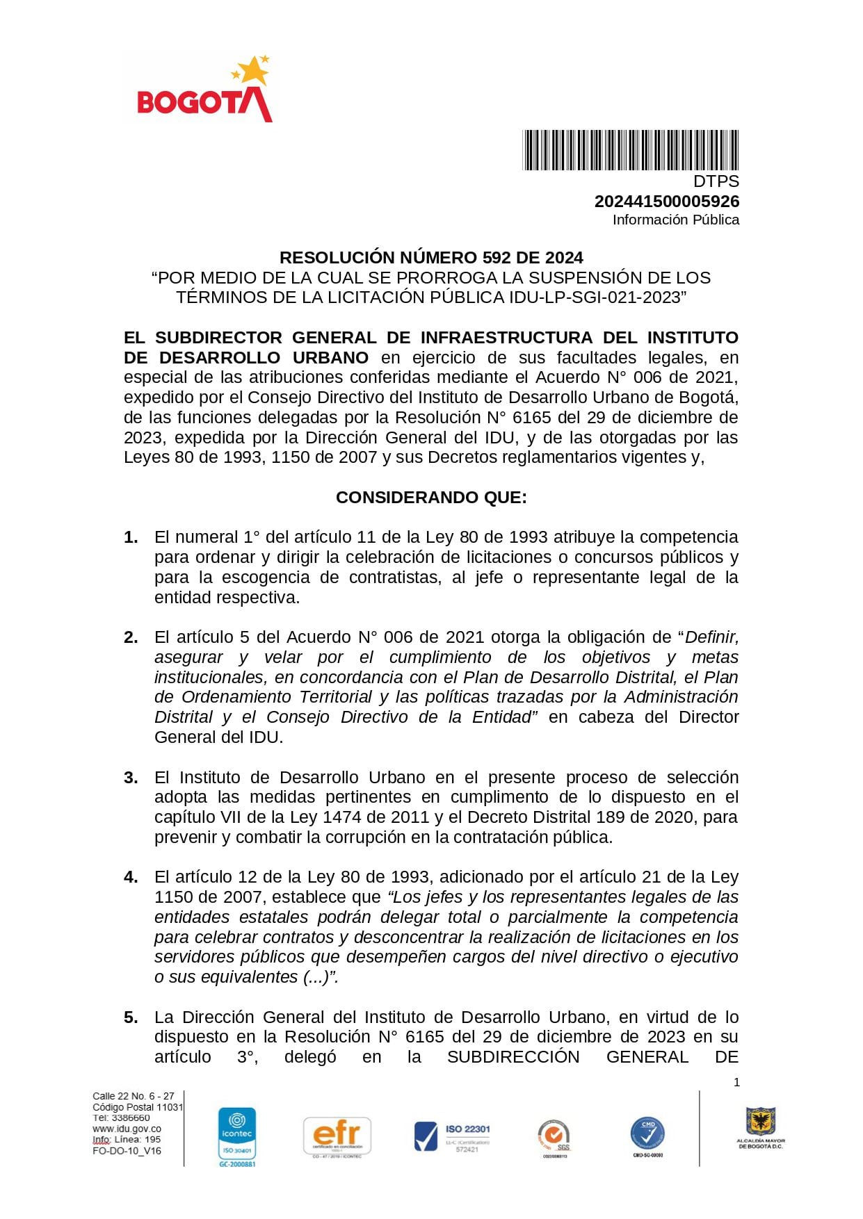 licitación para construcción del corredor verde de la carrera séptima, en Bogotá.