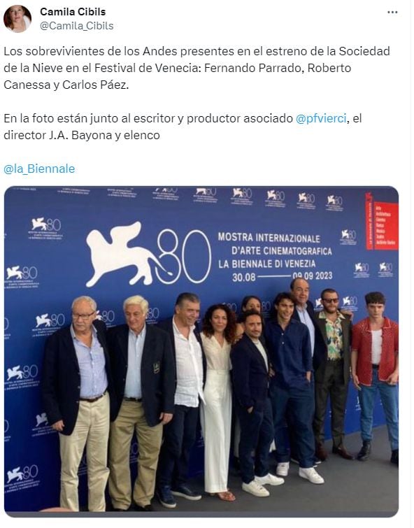 Los sobrevivientes de los Andes presentes en el estreno de la Sociedad de la Nieve en el Festival de Venecia:  Fernando Parrado, Roberto Canessa y Carlos Páez.