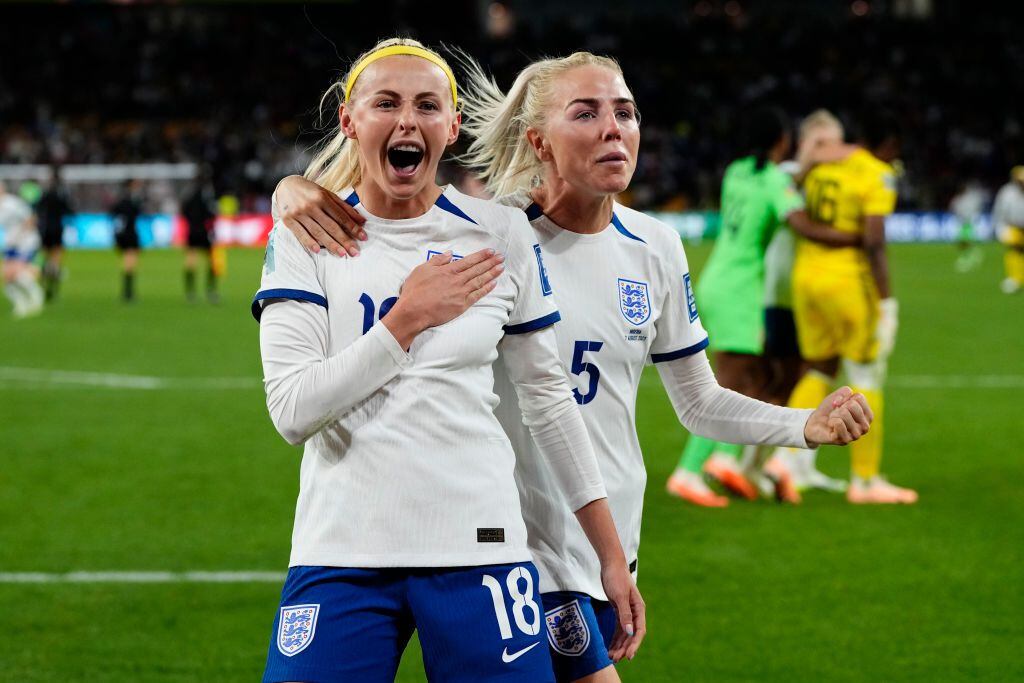 Chloe Maggie Kelly of England and Manchester City and Alex Greenwood of England and Manchester City celebrate victory after the FIFA Women's World Cup Australia &amp; New Zealand 2023 Round of 16 match between England and Nigeria at Brisbane Stadium on August 7, 2023 in Brisbane, Australia. (Photo by Jose Breton/Pics Action/NurPhoto via Getty Images)