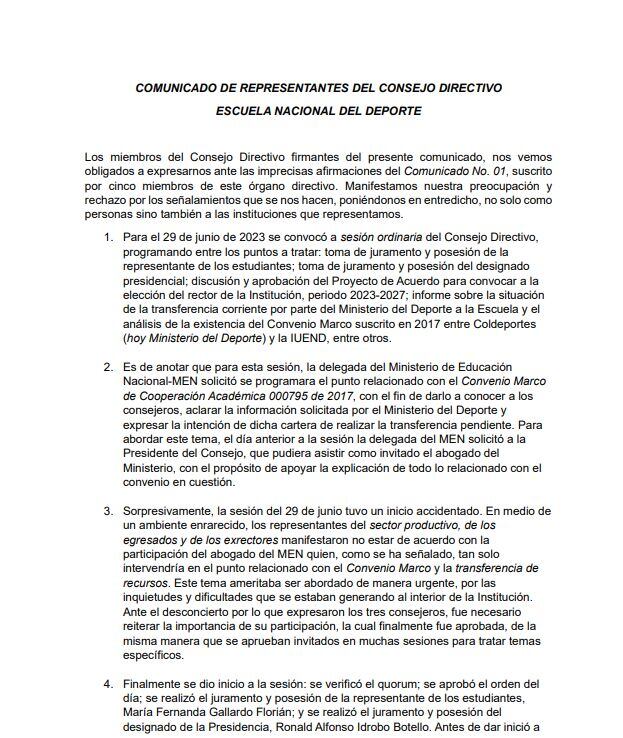 COMUNICADO DE REPRESENTANTES DEL CONSEJO DIRECTIVO ESCUELA NACIONAL DEL DEPORTE.