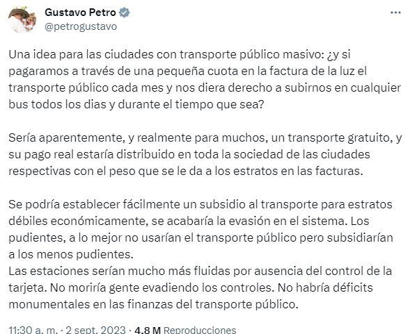 La propuesta del presidente Gustavo Petro sobre un nuevo subsidio de transporte.