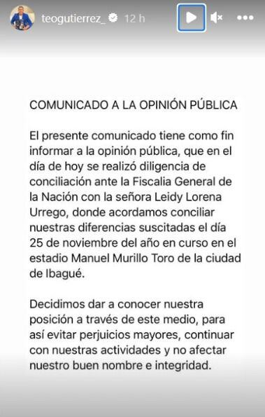 Comunicado oficial de Teófilo Gutiérrez.