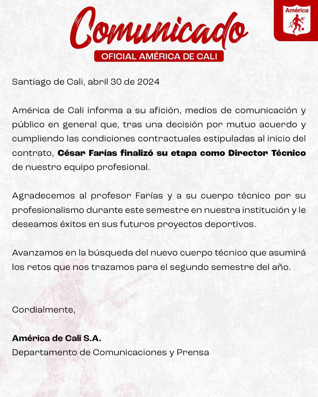Comunicado oficial sobre la salida de César Farías del América de Cali.
