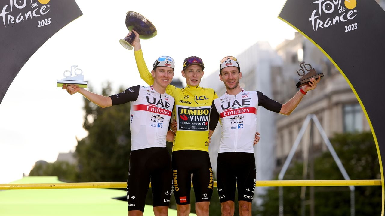 Imagen del podio final en el Tour de Francia 2023. El vencedor fue Jonas Vingegaard.